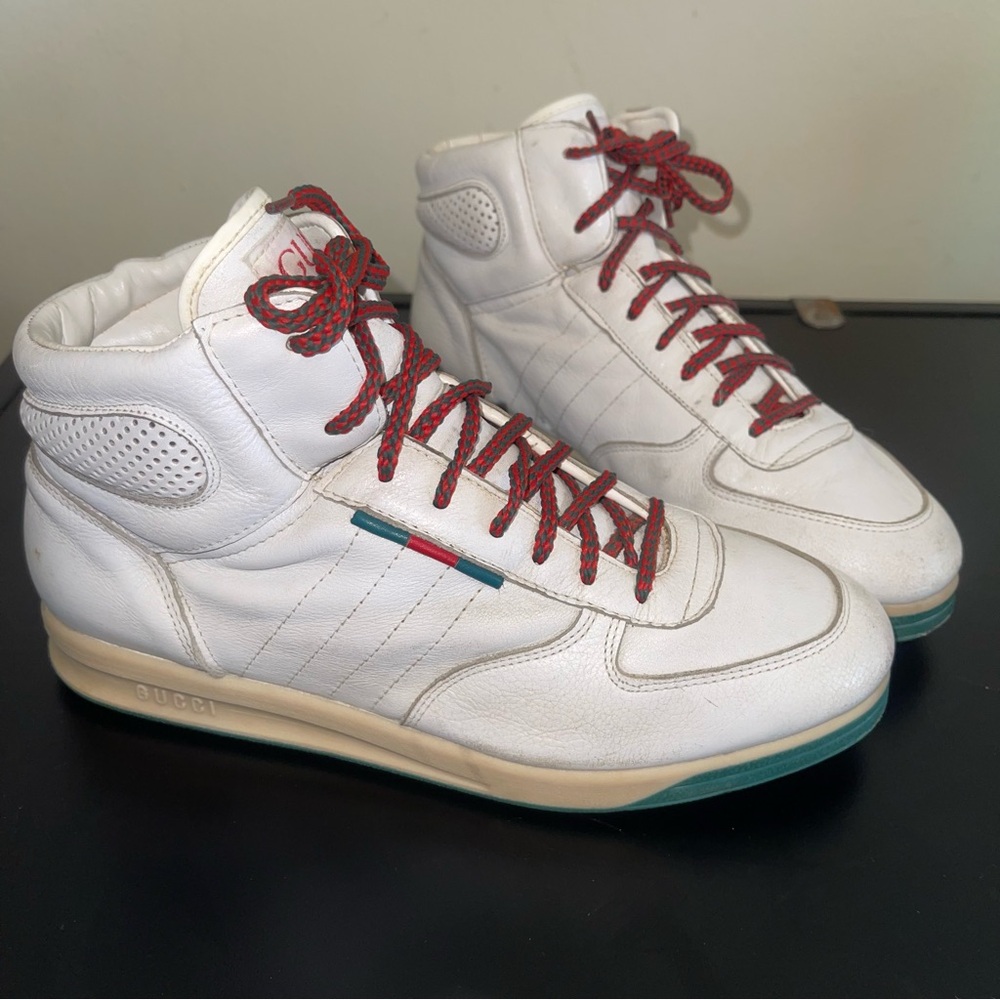 Gucci Vintage 1980s White Leather High-Top Sneakers with Red Laces